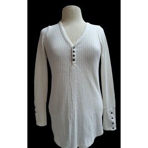 Cha Sor Waffle Thermal Top Shirt Women's Size S White Long Sleeve Buttons